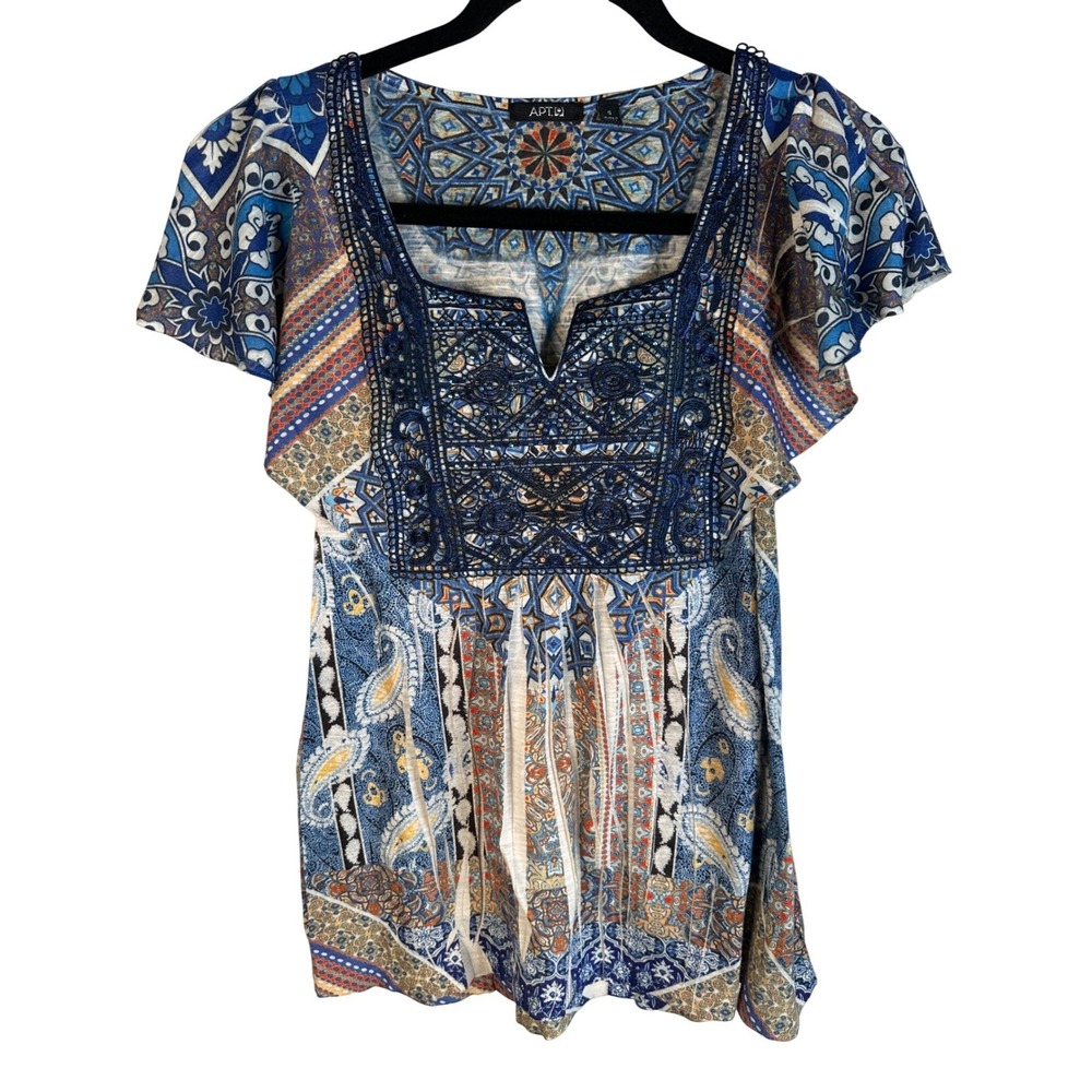 Apt. 9 Y2K 90's Blue Paisley Embroidered Beaded Flutter Sleeve Top Size Small
